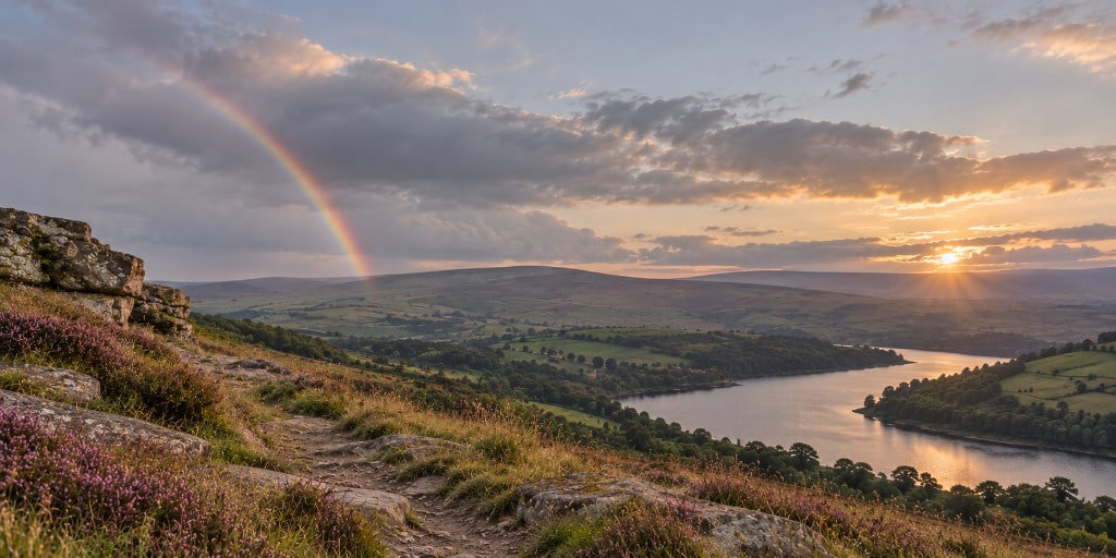 A rainbow arcs over a reservoir at sunset, with heather, rocks and a path in the foreground.